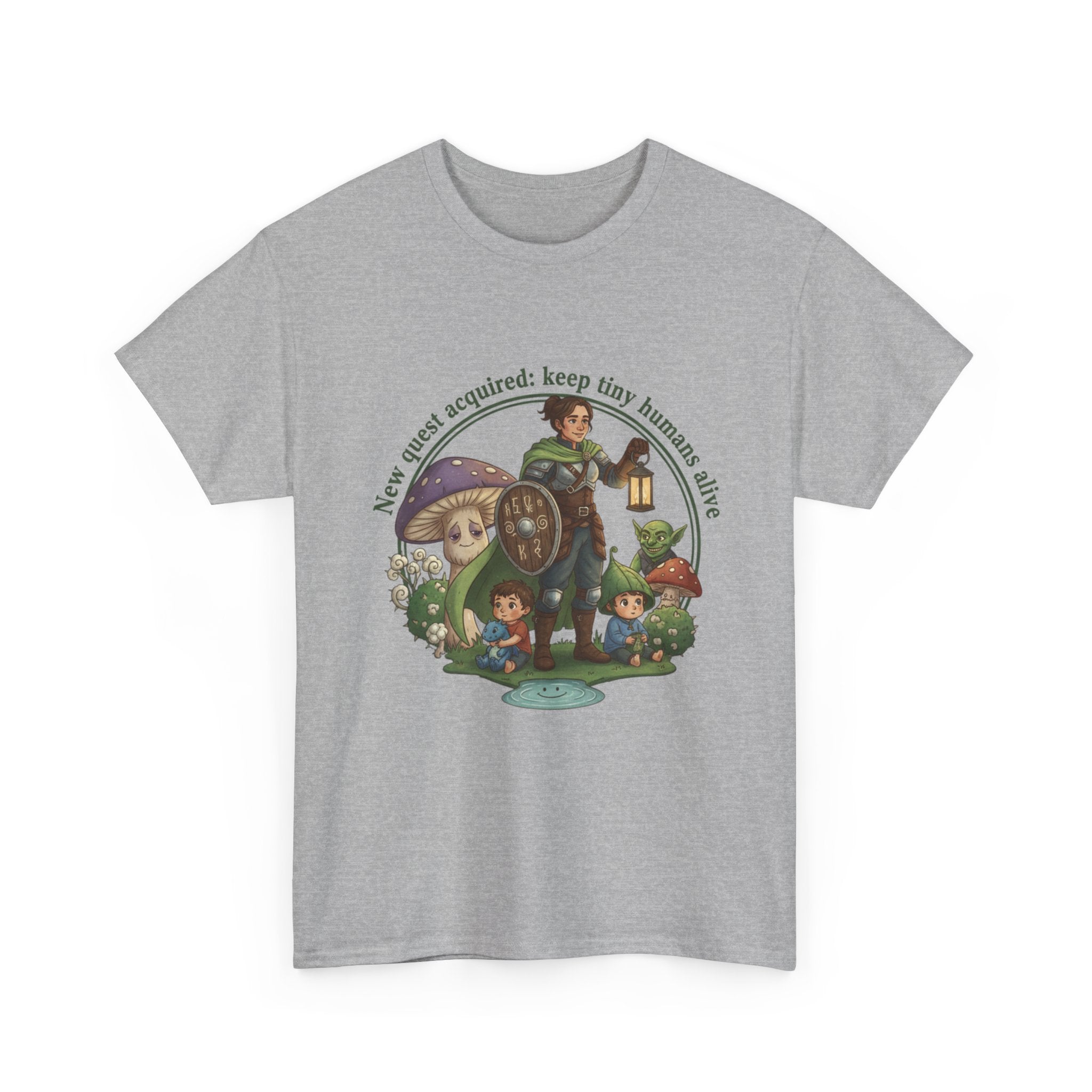 Mom T‑Shirt — "New Quest Acquired: Keep Tiny Humans Safe" (Mom with 2 Kids Fantasy Design)