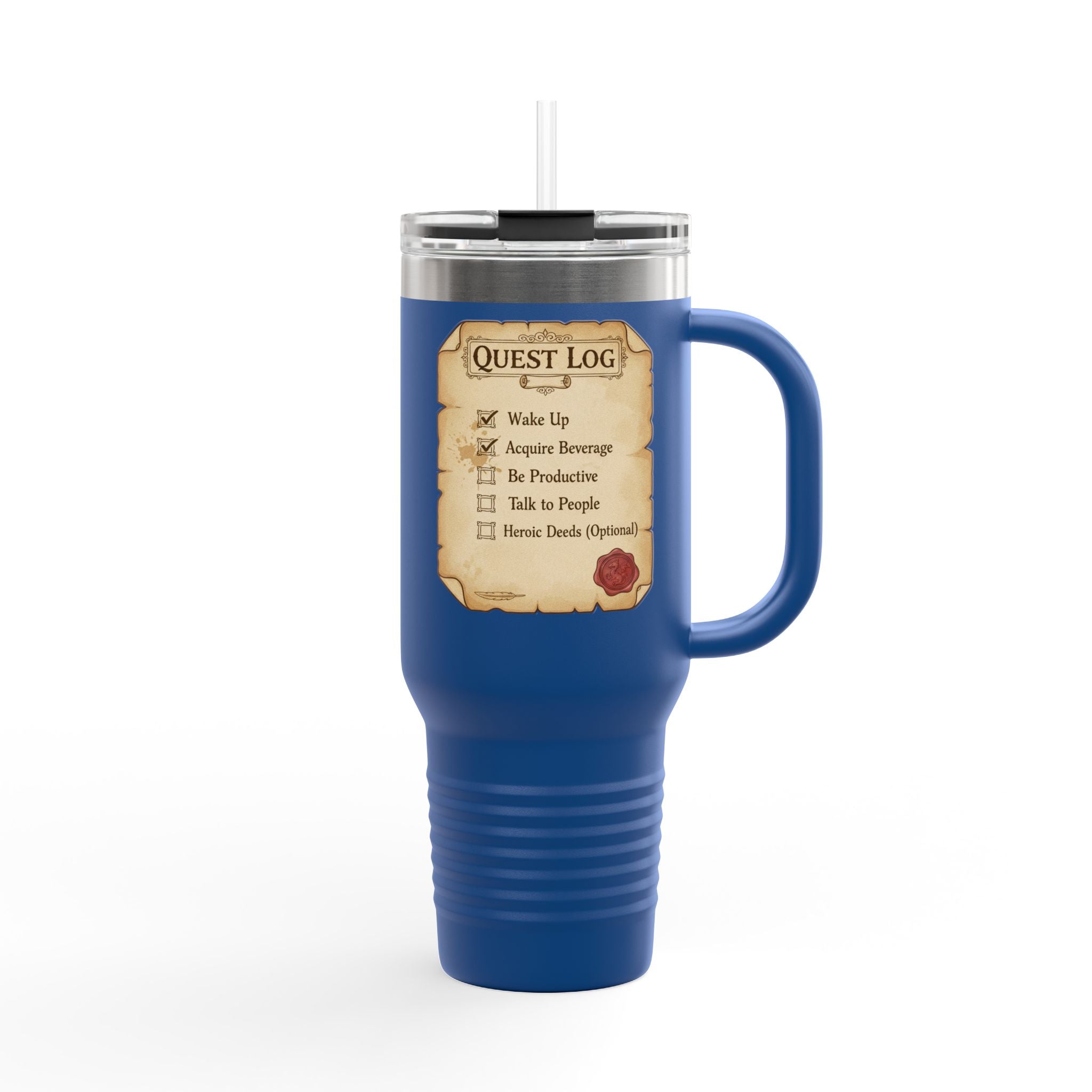40oz Insulated Travel Mug — Quest Log Checklist "Wake Up • Acquire Beverage"