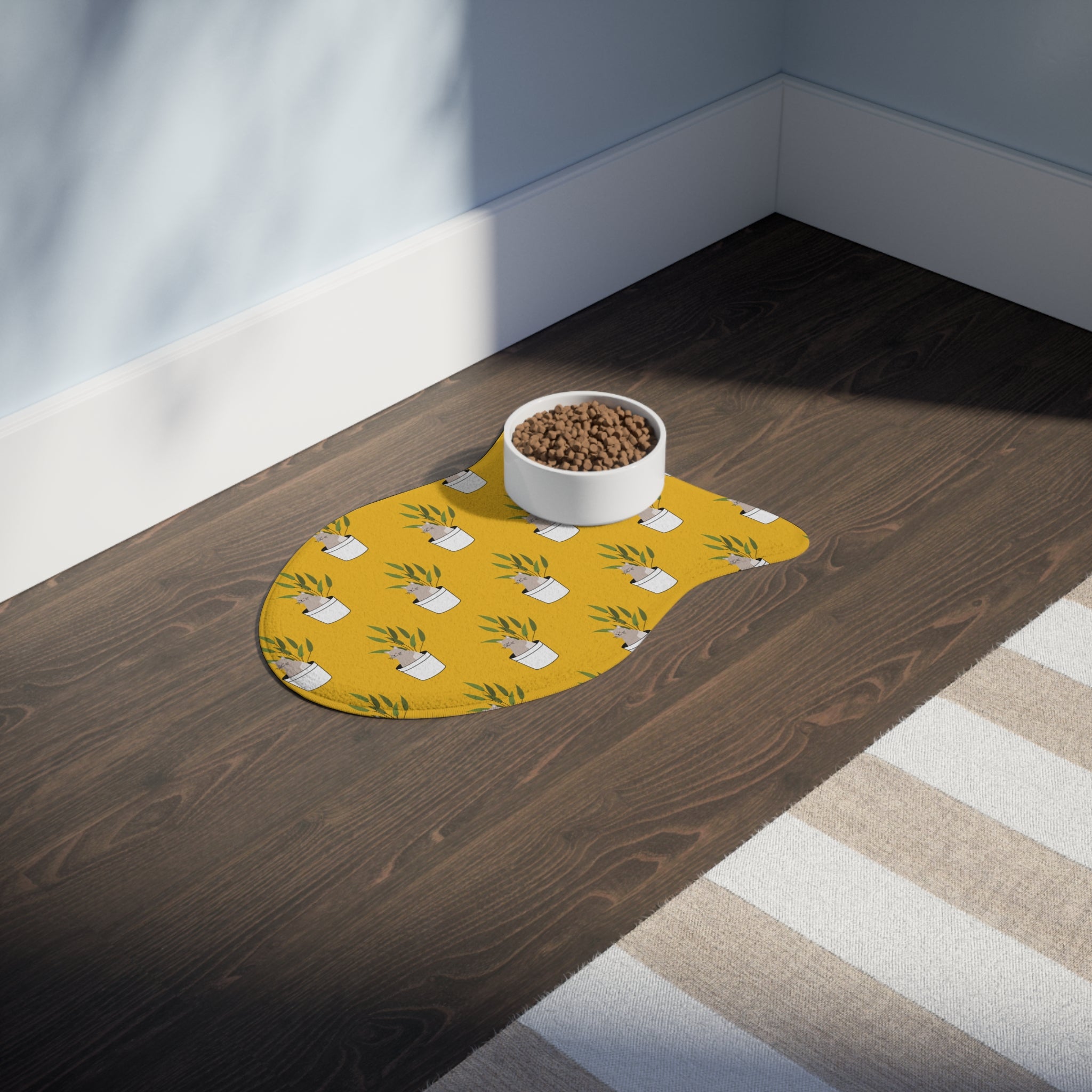 Yellow Potted Cat Pattern Pet Feeding Mat — Cute Non-Slip Bowl Placemat for Cats