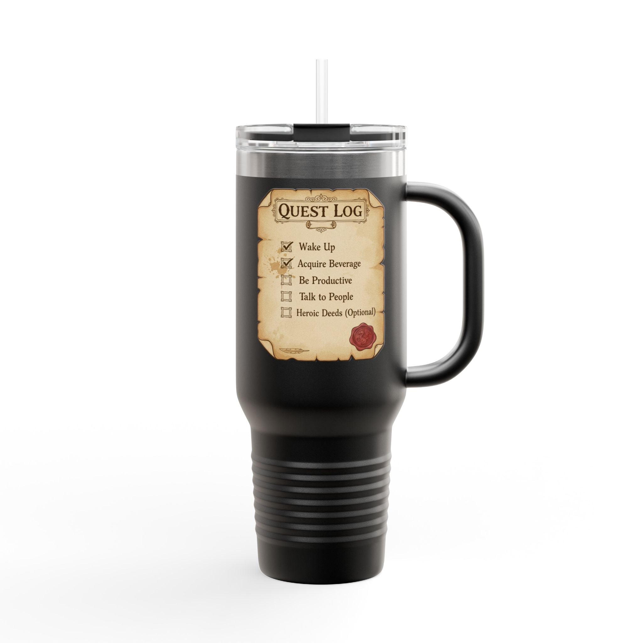 40oz Insulated Travel Mug — Quest Log Checklist "Wake Up • Acquire Beverage"