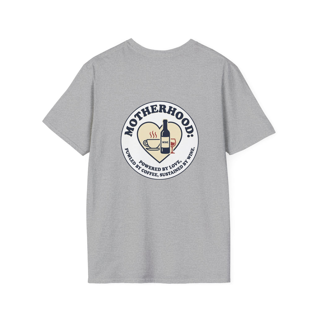Motherhood Badge T-Shirt — "Motherhood: Fueled by Love, Coffee & Wine" Graphic Tee