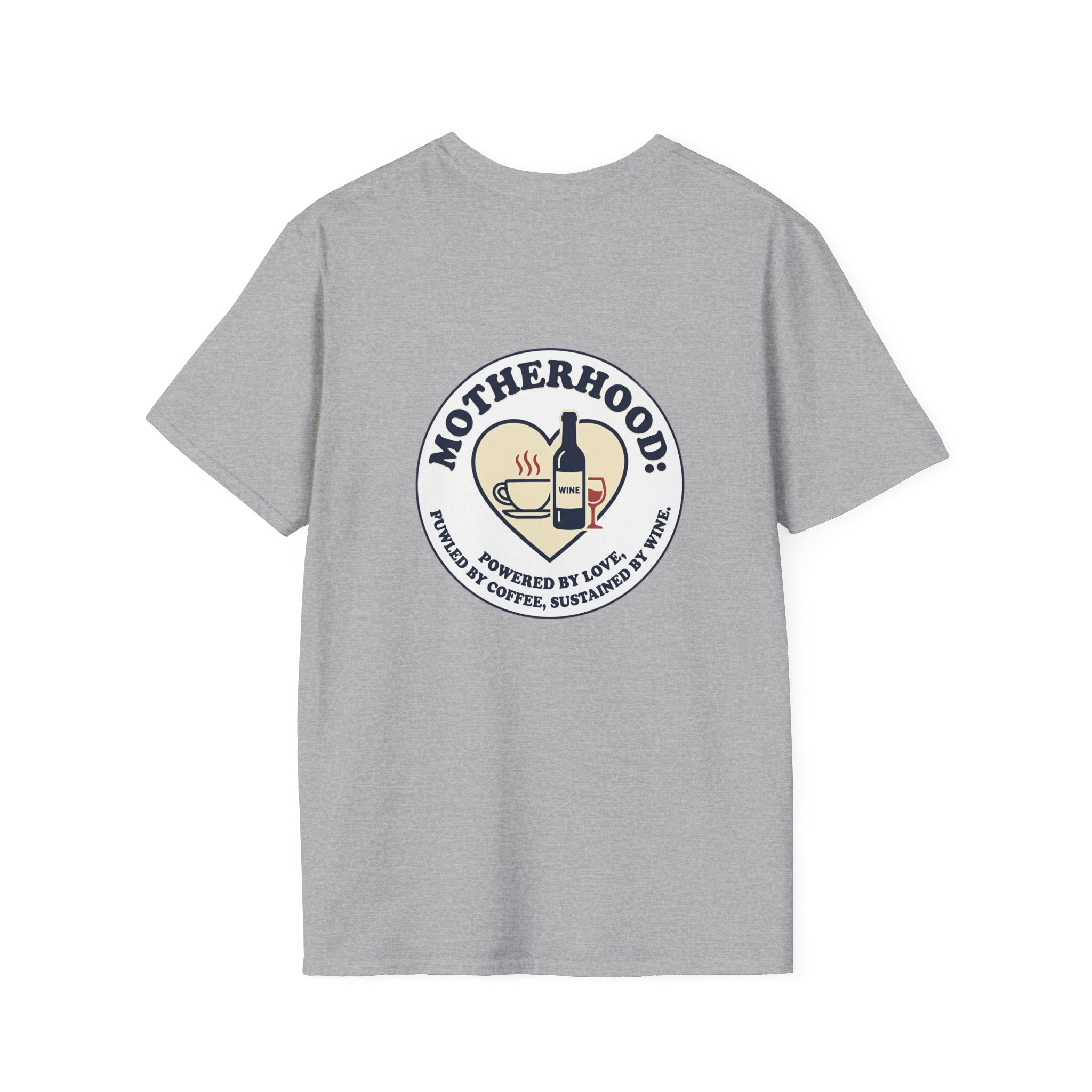 Motherhood Badge T-Shirt — "Motherhood: Fueled by Love, Coffee & Wine" Graphic Tee