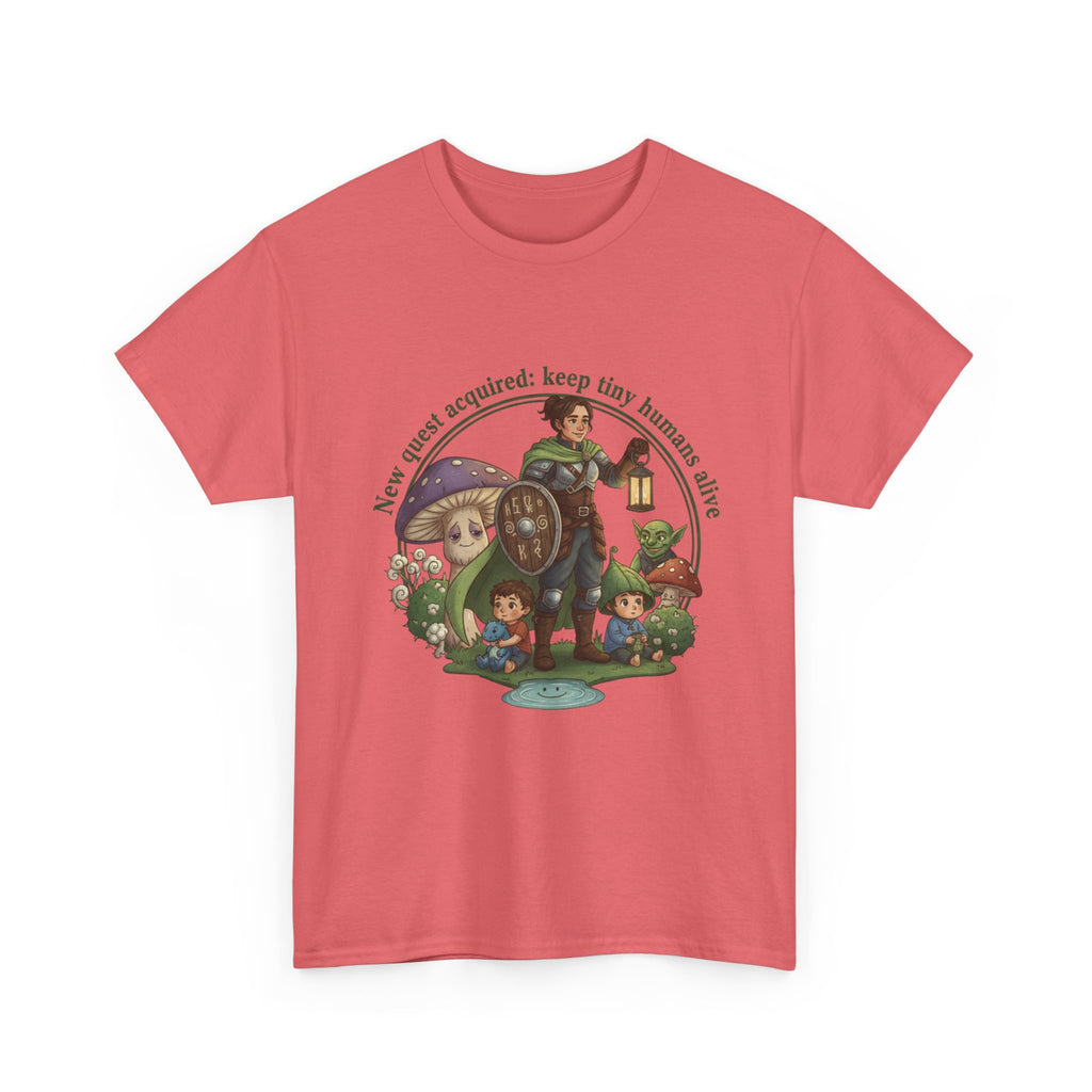 Mom T‑Shirt — "New Quest Acquired: Keep Tiny Humans Safe" (Mom with 2 Kids Fantasy Design)