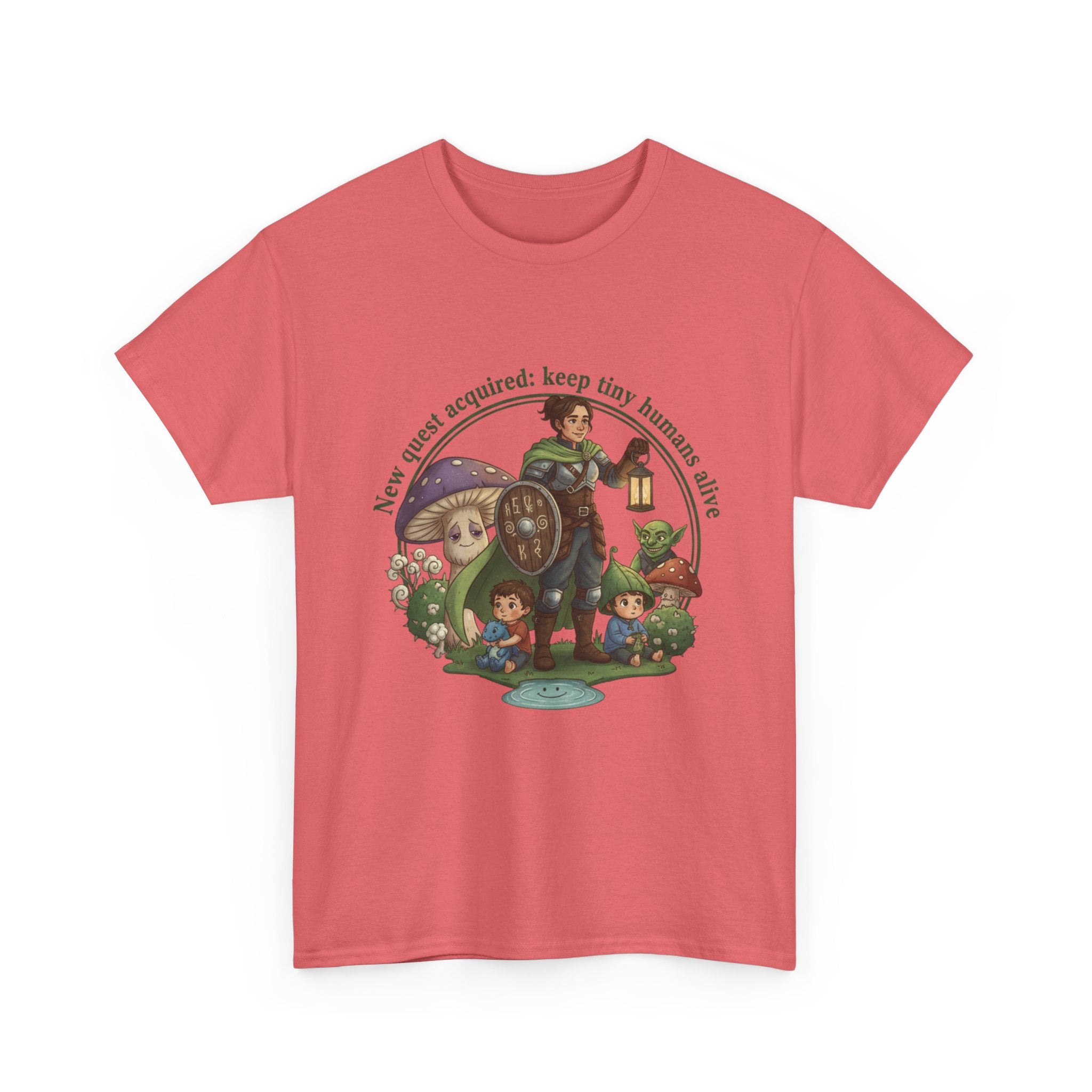 Mom T‑Shirt — "New Quest Acquired: Keep Tiny Humans Safe" (Mom with 2 Kids Fantasy Design)