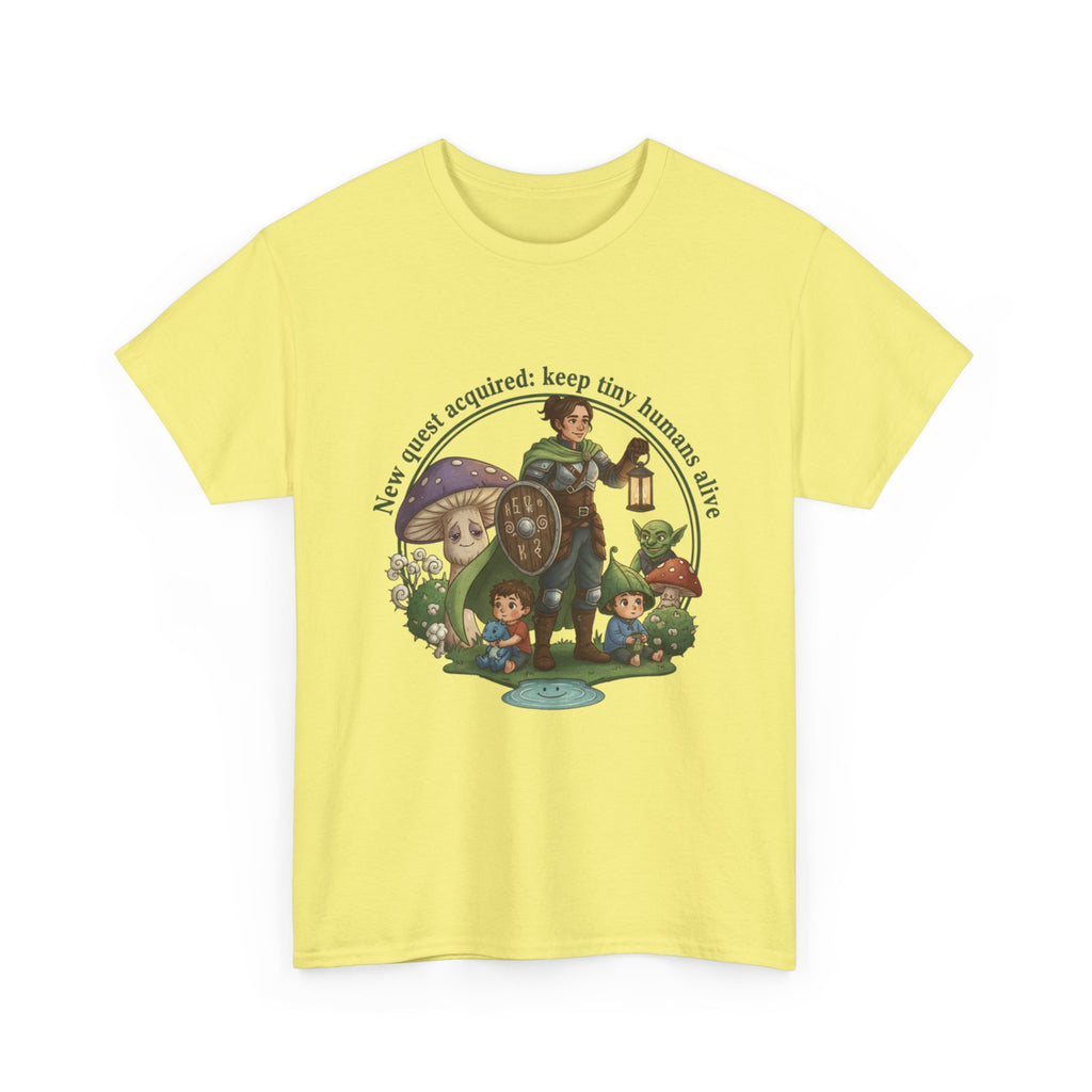 Mom T‑Shirt — "New Quest Acquired: Keep Tiny Humans Safe" (Mom with 2 Kids Fantasy Design)
