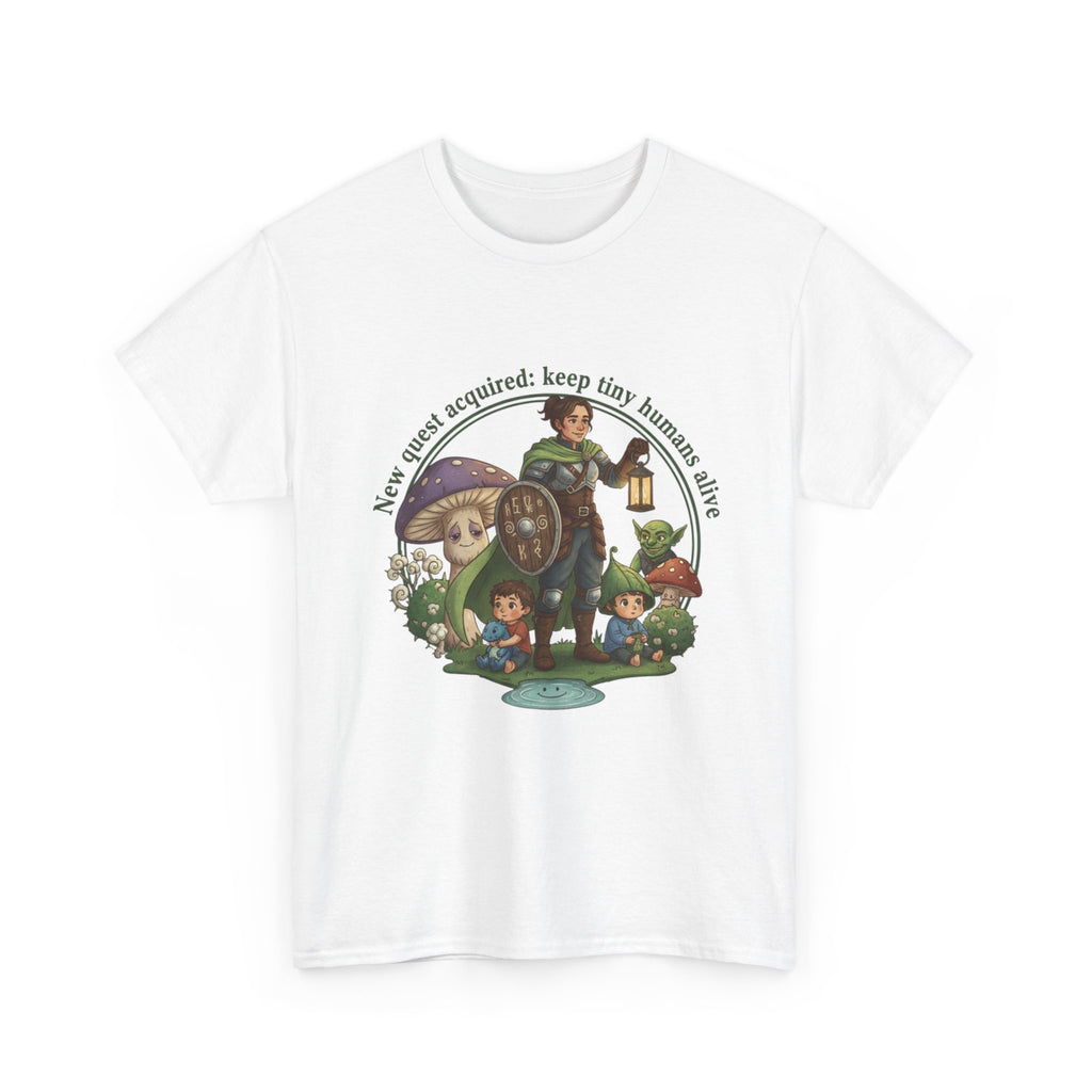 Mom T‑Shirt — "New Quest Acquired: Keep Tiny Humans Safe" (Mom with 2 Kids Fantasy Design)