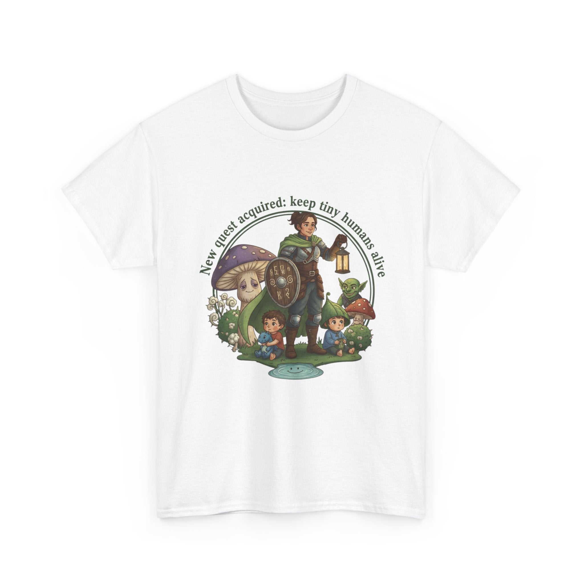 Mom T‑Shirt — "New Quest Acquired: Keep Tiny Humans Safe" (Mom with 2 Kids Fantasy Design)