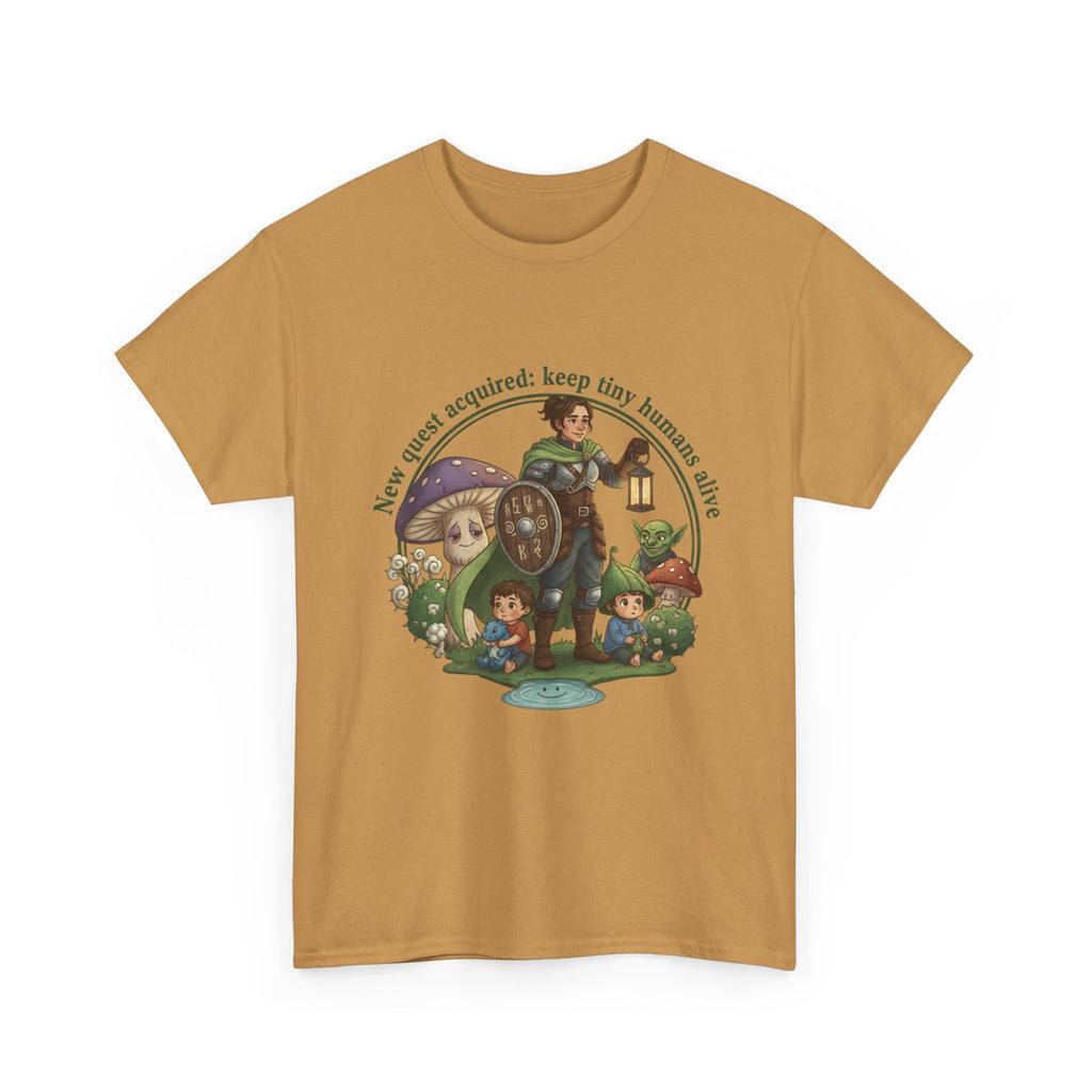 Mom T‑Shirt — "New Quest Acquired: Keep Tiny Humans Safe" (Mom with 2 Kids Fantasy Design)