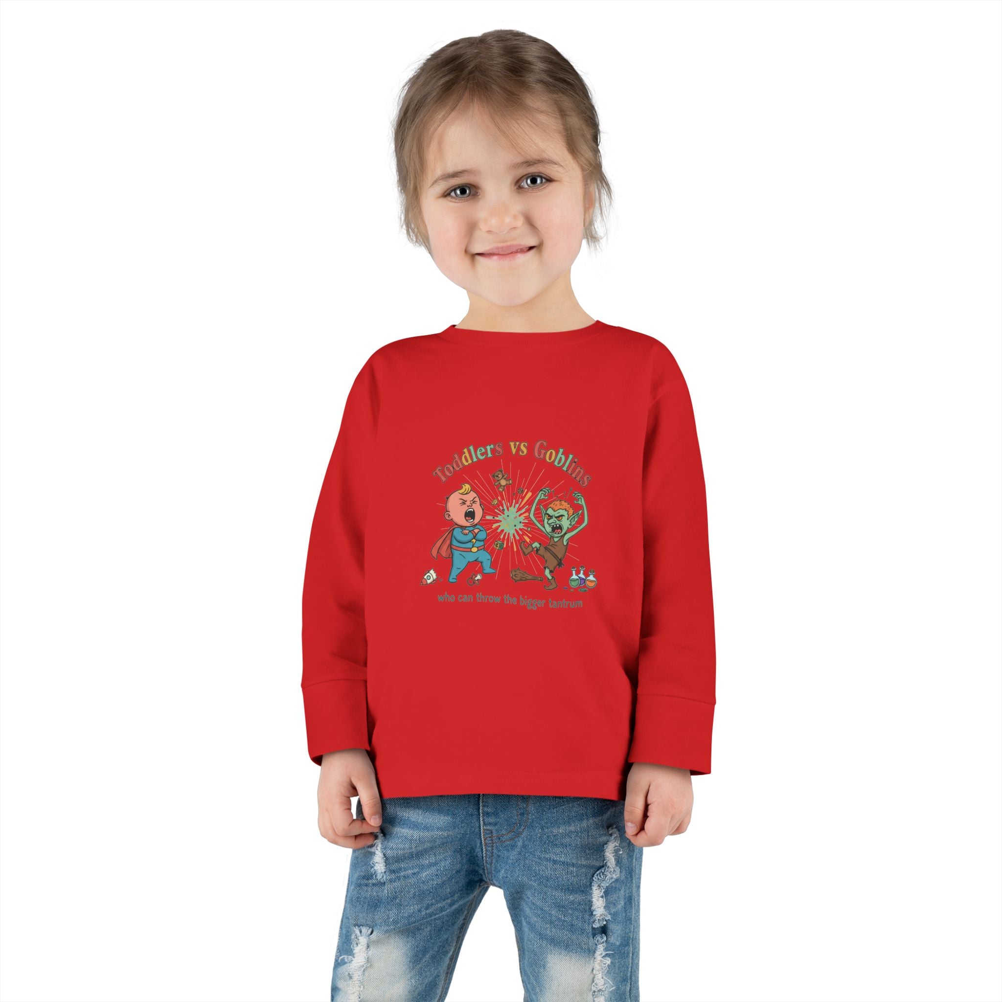 Toddlers vs Goblins Toddler Long Sleeve Tee — "Who Can Throw the Bigger Tantrums"