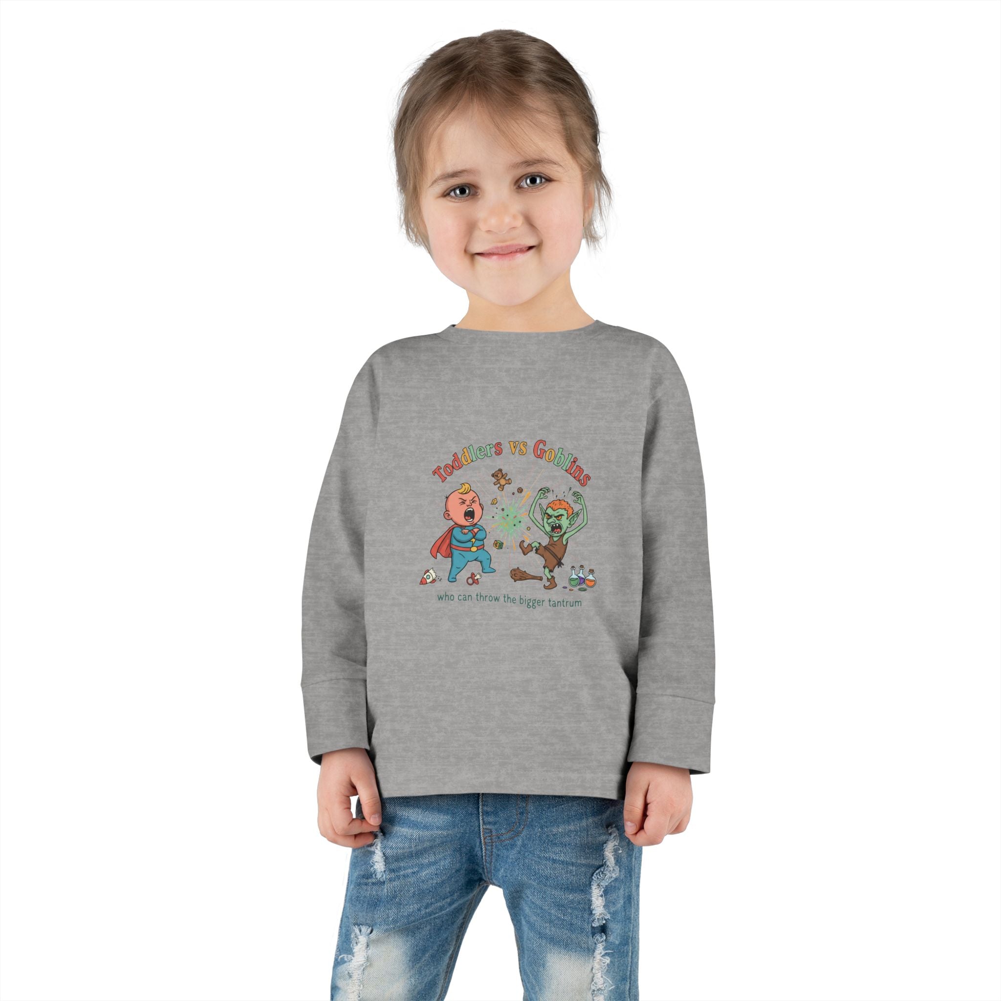 Toddlers vs Goblins Toddler Long Sleeve Tee — "Who Can Throw the Bigger Tantrums"